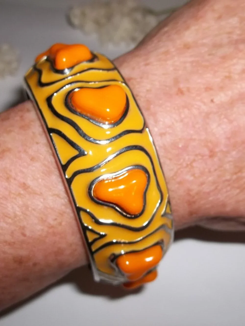 Colorful Bracelet Hinged Orange and Silver Costume Jewelry Woman Statement B987